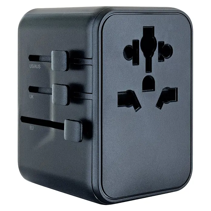 Schwaiger Reiseadapter All-in-One Weltreiseadapter - Schwarz - Schwarzer Universal-Reiseadapter mit Schiebern für US/AUS, UK und EU Stecker, mit Mehrländersteckdose.