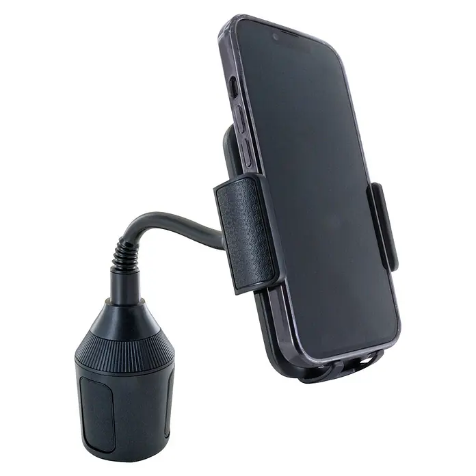 Schwaiger Handyhalter zur Befestigung im Becherhalter - Schwarz - Schwarze Auto-Becherhalter-Handyhalterung mit flexiblem Arm, die ein Smartphone hält.