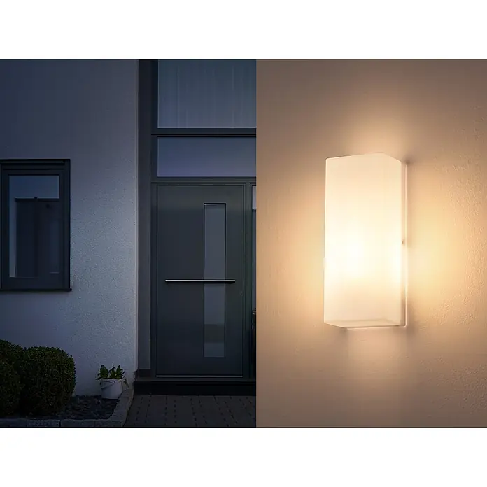 Globo LED-Außenwandleuchte Phelps - 15 W, IP44, B x H: 250 x 100 mm, Weiß, Matt - Rechteckige Außenwandleuchte mit mattweißem Diffusor, beleuchtet einen modernen Hauseingang.