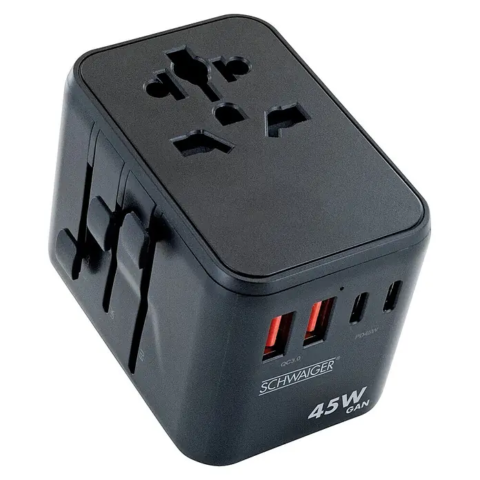 Schwaiger Reiseadapter All-in-One Weltreiseadapter - Schwarz - Schwarzer Universal-Reiseadapter mit verschiedenen Steckertypen, USB-A- und USB-C-Ladeanschlüssen (45W GaN).