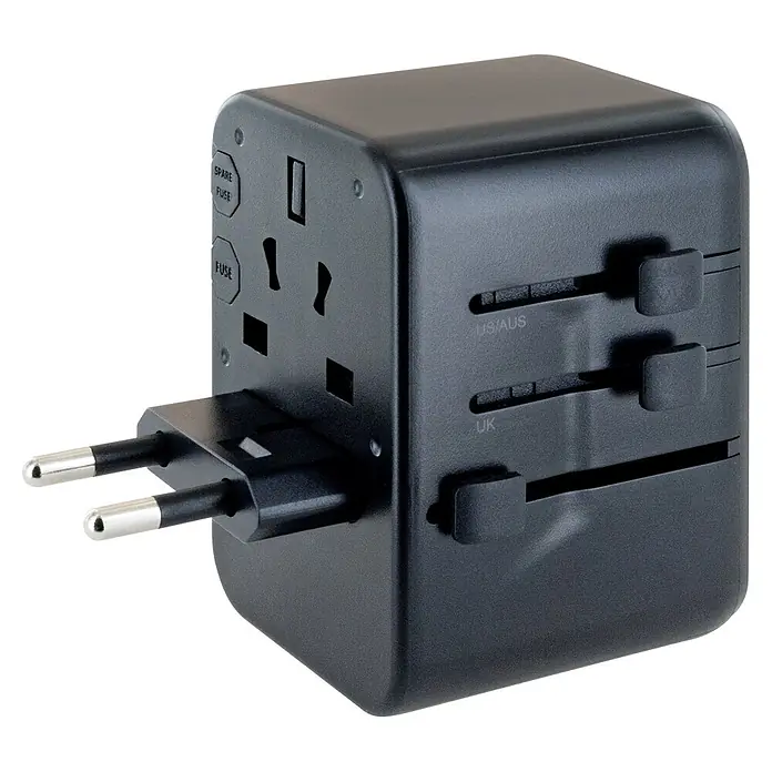 Schwaiger Reiseadapter All-in-One Weltreiseadapter - Schwarz - Schwarzer Universal-Reiseadapter aus Kunststoff, mit ausgefahrenem EU-Stecker, Schiebern für US/AUS und UK sowie USB-Anschluss.