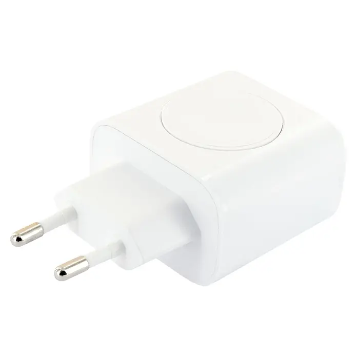 Schwaiger USB-Ladeadapter USB-A, USB-C - Weiß - Weißes Netzteil mit zwei europäischen Steckern und einer kreisförmigen Vertiefung oben.