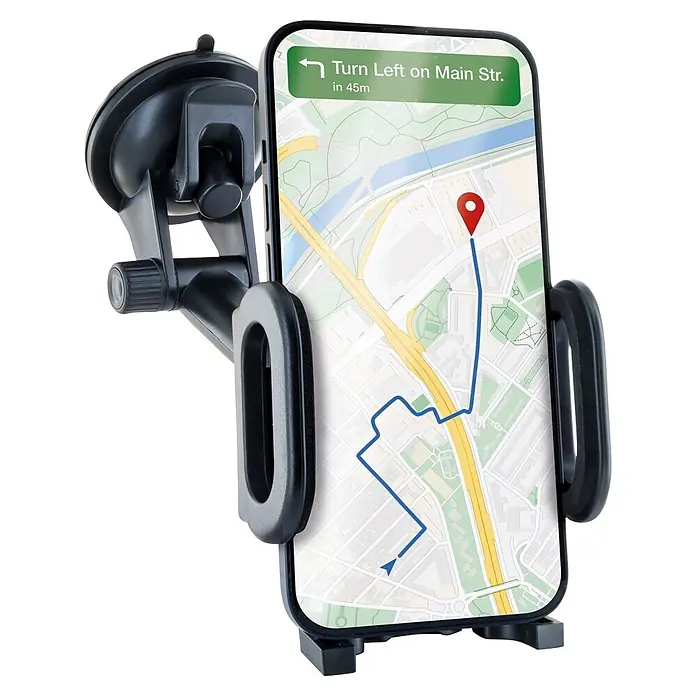 Schwaiger Handyhalter für die Windschutzscheibe - Schwarz - Schwarze Smartphone-Autohalterung mit Navigations-App auf dem Bildschirm.
