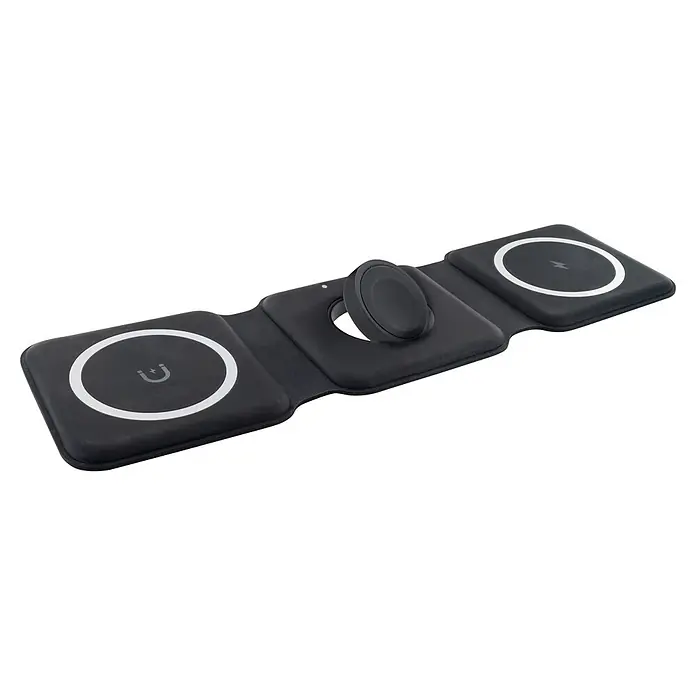 Schwaiger Ladestation 3-in-1 Ladestation - Schwarz - Zusammenklappbares schwarzes 3-in-1-Wireless-Ladegerät mit zwei flachen Pads und einem Uhrenladeständer.