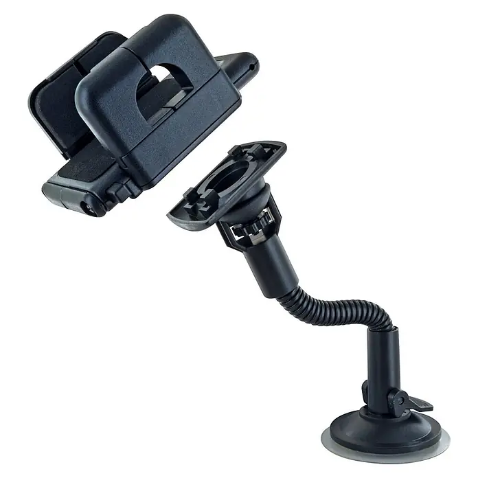 Schwaiger Handyhalter mit flexiblem Schwanenhals & Saugnapf - Schwarz - Schwarze Kunststoff-Autohalterung, demontiert, mit verstellbarer Klammer und flexiblem Schwanenhals-Saugnapffuß.