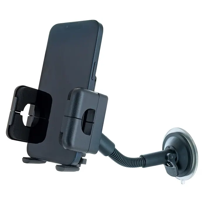 Schwaiger Handyhalter mit flexiblem Schwanenhals & Saugnapf - Schwarz - Schwarze Auto-Handyhalterung mit flexiblem Arm und Saugnapf, die ein dunkles Smartphone sicher hält.