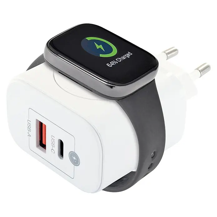 Schwaiger USB-Ladeadapter USB-A, USB-C - Weiß - Schwarzer Fitness-Tracker mit „64% Charged“ auf dem Display, liegt auf einem weißen Dual-Port-USB-Ladegerät.