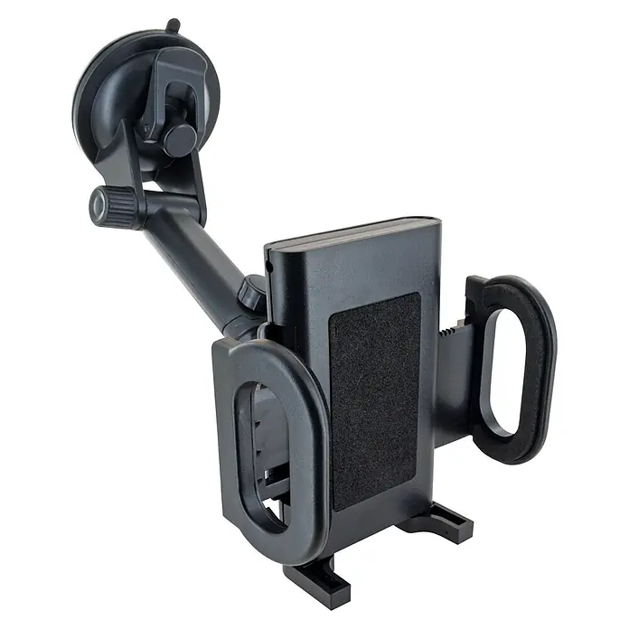 Schwaiger Handyhalter für die Windschutzscheibe - Schwarz - Schwarze Handyhalterung aus Kunststoff mit Saugnapf für die Windschutzscheibe.