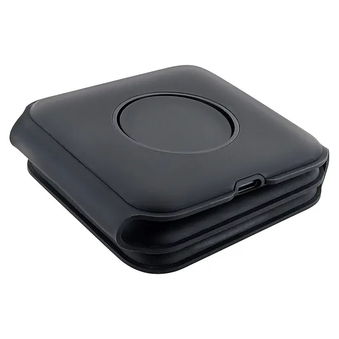 Schwaiger Ladestation 3-in-1 Ladestation - Schwarz - Schwarzes, flexibles quadratisches Gerät mit kreisförmigem Top-Design und USB-C Ladeanschluss.
