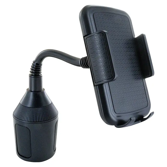 Schwaiger Handyhalter zur Befestigung im Becherhalter - Schwarz - Schwarze Handyhalterung aus Kunststoff für den Getränkehalter mit flexiblem Schwanenhals und verstellbarer Halterung.