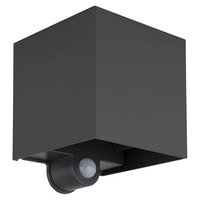 Globo LED-Außenwandleuchte Veronika - 3 W, IP54, B x H: 100 x 125 mm, mit Bewegungssensor, Anthrazit, Matt - Dunkelgraue, quaderförmige Außenwandleuchte mit integriertem Bewegungsmelder.