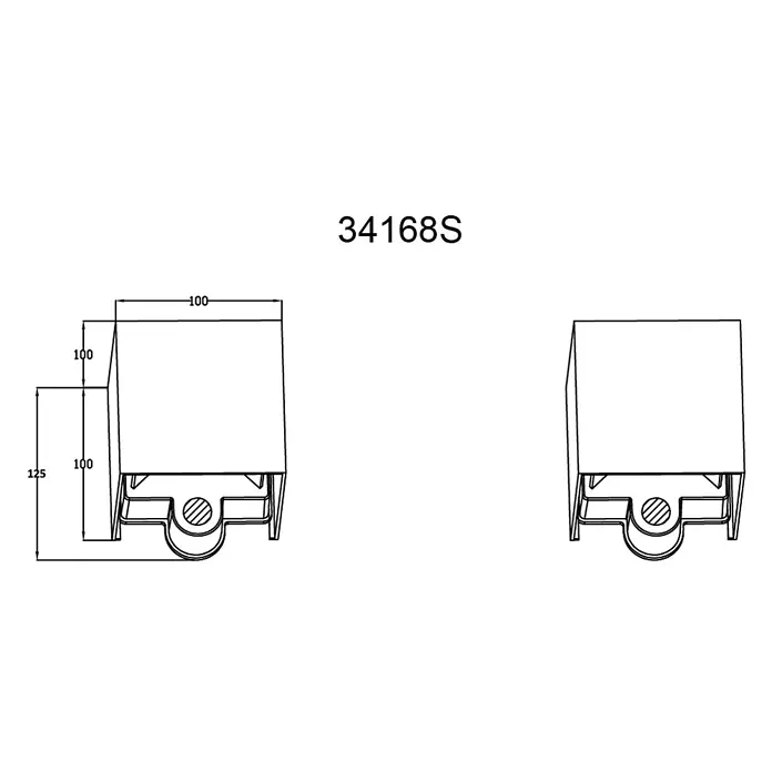 Globo LED-Außenwandleuchte Veronika - 3 W, IP54, B x H: 100 x 125 mm, mit Bewegungssensor, Anthrazit, Matt - Technische Zeichnung eines Rollenmechanismus, Vorder- und Seitenansicht mit Maßen 100x100x125.