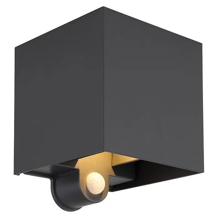 Globo LED-Außenwandleuchte Veronika - 3 W, IP54, B x H: 100 x 125 mm, mit Bewegungssensor, Anthrazit, Matt - Moderne, anthrazitfarbene würfelförmige Außenwandleuchte mit Bewegungsmelder und warmem Downlight.
