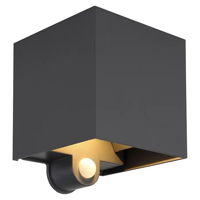 Globo LED-Außenwandleuchte Veronika - 3 W, IP54, B x H: 100 x 125 mm, mit Bewegungssensor, Anthrazit, Matt - Anthrazitfarbene würfelförmige Außenwandleuchte mit goldenem Inneren, Bewegungsmelder und warmem Licht nach unten.
