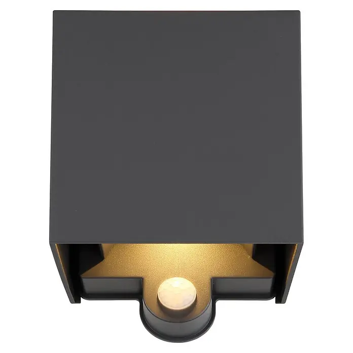 Globo LED-Außenwandleuchte Veronika - 3 W, IP54, B x H: 100 x 125 mm, mit Bewegungssensor, Anthrazit, Matt - Dunkelgraue Außenwandleuchte mit goldener Innenseite und integriertem weißen Bewegungssensor.