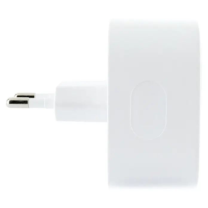 Schwaiger USB-Ladeadapter 230V USB-A, USB-C mit integrierter Qi-Wireless-Ladeoberfläche - Weiß - Weißes Netzteil mit zwei silbernen Metallstiften für Steckdosen.