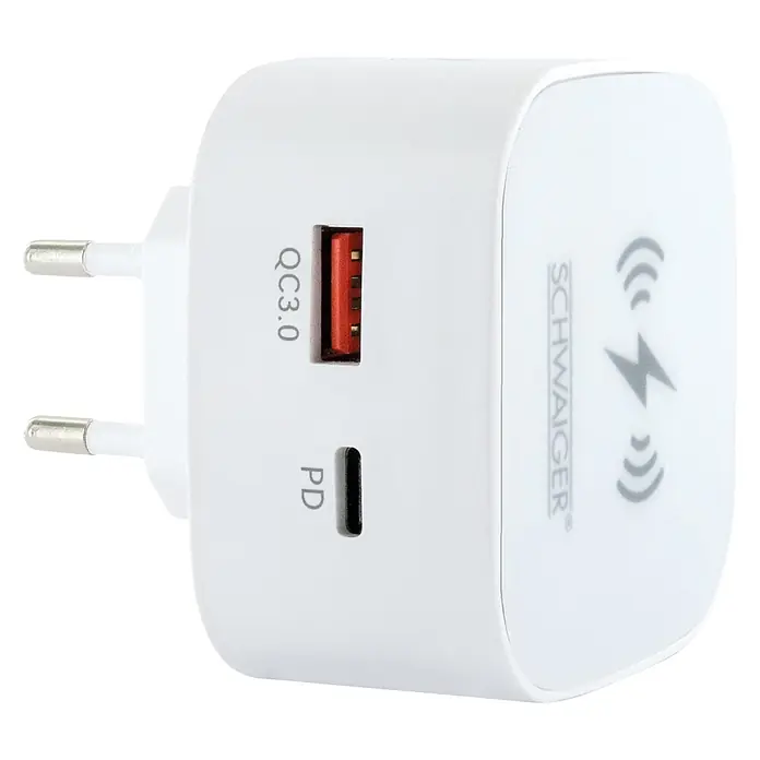 Schwaiger USB-Ladeadapter 230V USB-A, USB-C mit integrierter Qi-Wireless-Ladeoberfläche - Weiß - Weißes Ladegerät mit Eurostecker, einem roten USB-A (QC3.0) und einem schwarzen USB-C (PD) Anschluss.