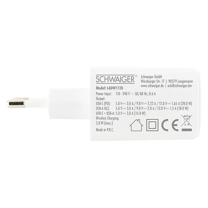 Schwaiger USB-Ladeadapter USB-A, USB-C - Weiß - Weißes Mehrfach-Netzteil mit USB-C- und USB-A-Ausgängen, mit detaillierten Spezifikationen.