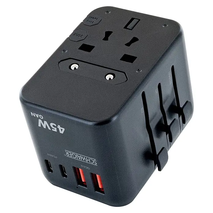 Schwaiger Reiseadapter All-in-One Weltreiseadapter - Schwarz - Schwarzer 45W GaN Universal-Reiseadapter mit USB-Anschlüssen (PD45W, QC3.0) und internationalen Steckerarten.