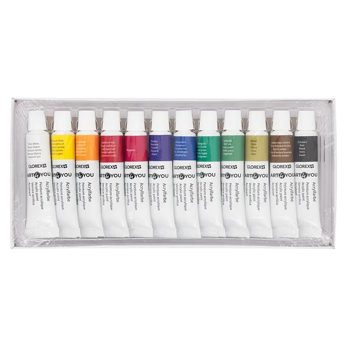 Glorex Keilrahmen Art 4 You Kreativ Set - 30 x 40 x 3 cm, Basic - Ein Set aus 12 Tuben Acrylfarbe in verschiedenen Farben: Weiß, Gelb, Orange, Rot, Magenta, Lila, Blau, Hellgrün, Dunkelgrün, Ocker, Braun, Schwarz.