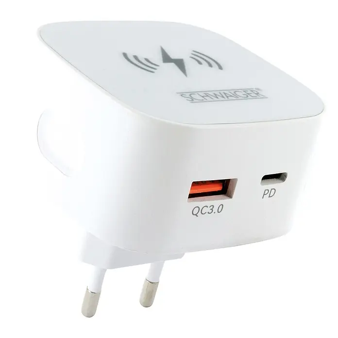 Schwaiger USB-Ladeadapter 230V USB-A, USB-C mit integrierter Qi-Wireless-Ladeoberfläche - Weiß - Weißes Netzteil mit USB-A (QC3.0) und USB-C (PD) Anschlüssen, Wireless-Lade-Symbol und Eurostecker.
