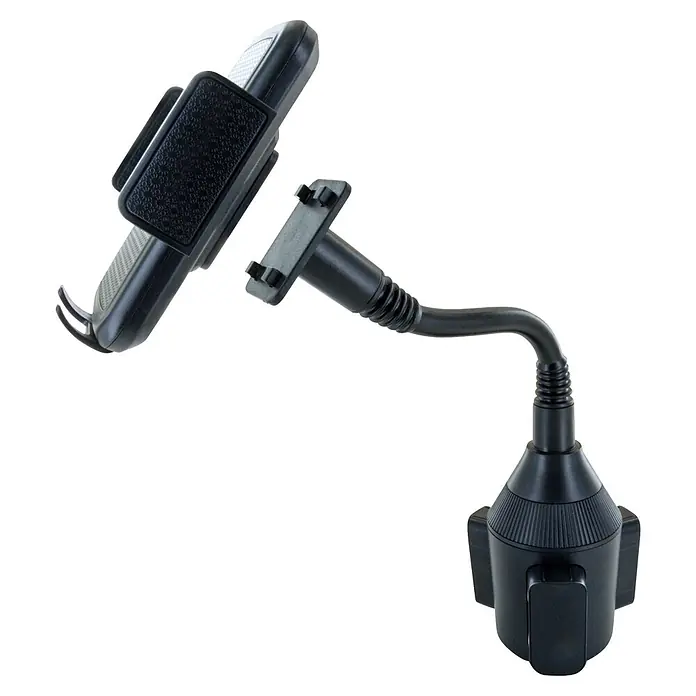 Schwaiger Handyhalter zur Befestigung im Becherhalter - Schwarz - Schwarze Kunststoff-Autohalterung für Mobiltelefone mit flexiblem Schwanenhals und verstellbarem Getränkehalter-Sockel.