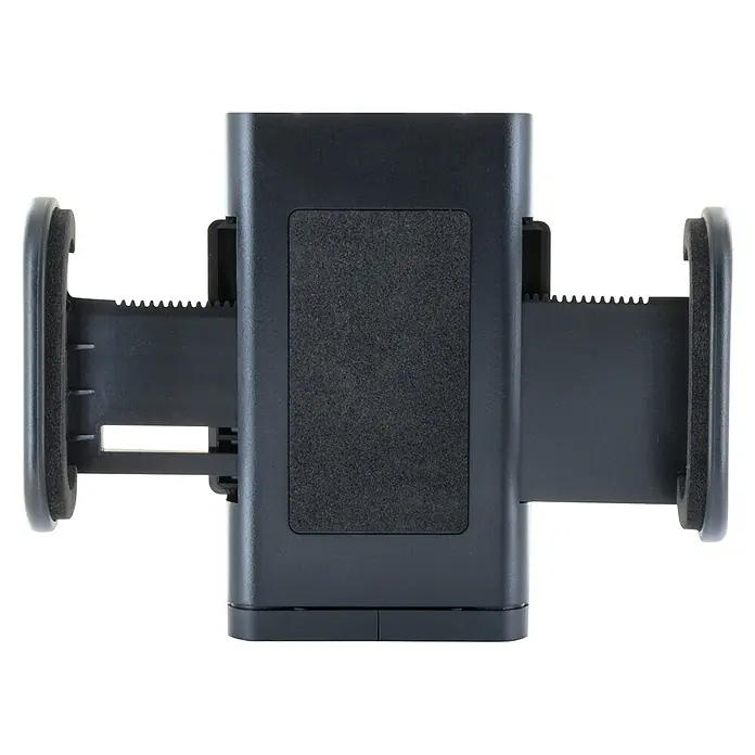 Schwaiger Handyhalter für die Windschutzscheibe - Schwarz - Schwarze verstellbare Smartphone-Halterung mit gepolsterten Greifern und sichtbarem Zahnradmechanismus.