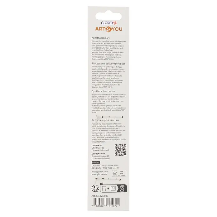 Glorex Keilrahmen Art 4 You Kreativ Set - 30 x 40 x 3 cm, Basic - Weiße Verpackung für GLOREX ART4YOU Kunsthaarpinsel mit Produktdetails und Markenlogo.