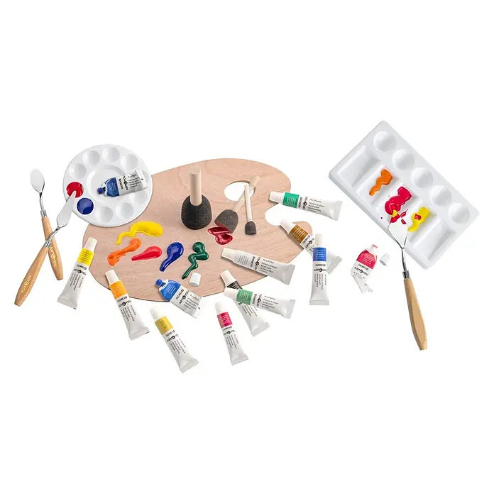 Glorex Keilrahmen Art 4 You Kreativ Set - 30 x 40 x 3 cm, Basic - Eine Auswahl an Acrylfarbtuben, Paletten, Malmessern und Schwammtupfern mit bunten Farben, bereit zum Malen.