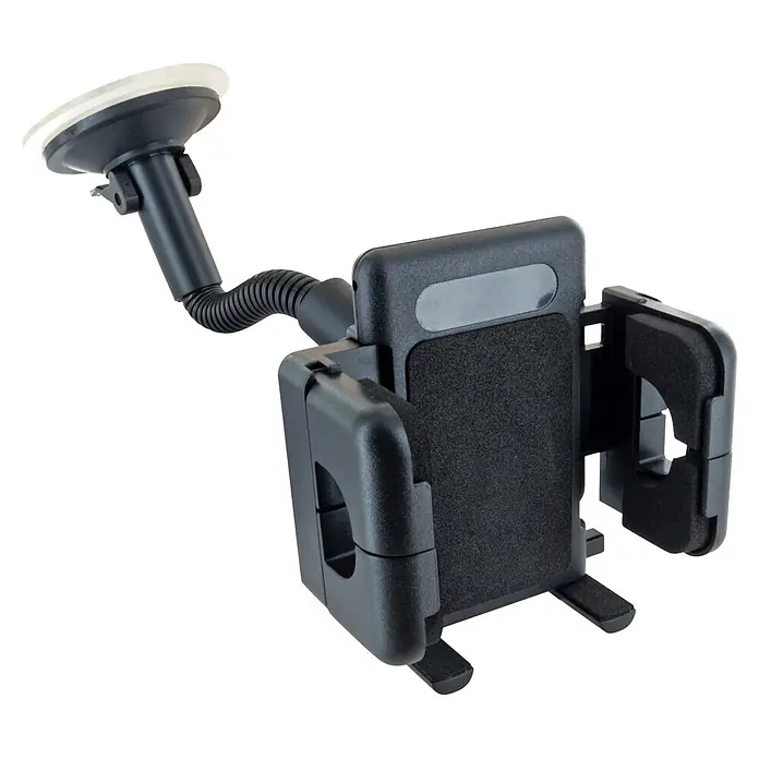 Schwaiger Handyhalter mit flexiblem Schwanenhals & Saugnapf - Schwarz - Schwarzer Auto-Handyhalter aus Kunststoff mit flexiblem Arm und transparentem Saugnapf zur Befestigung.