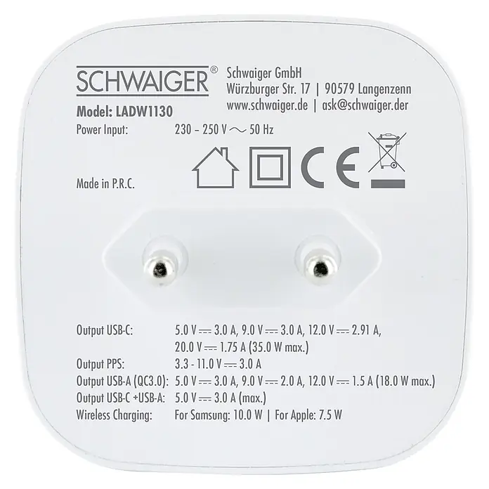 Schwaiger USB-Ladeadapter 230V USB-A, USB-C mit integrierter Qi-Wireless-Ladeoberfläche - Weiß - Weißes Schwaiger Netzteil mit Eurostecker, zeigt detaillierte USB-C, USB-A und drahtlose Ladeausgänge.