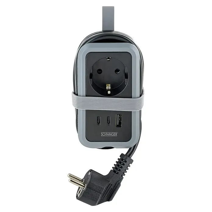 Schwaiger USB-Ladeadapter Schuko, USB-A, 2 x USB-C - Schwarz - Kompakter grau-schwarzer Netzadapter mit einer Schukosteckdose, zwei USB-C-, einem USB-A-Anschluss und integriertem Schukostecker.