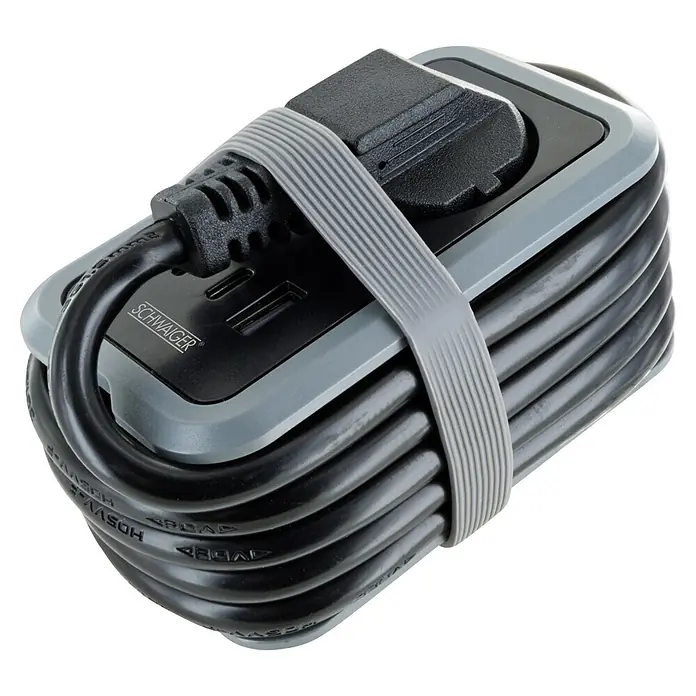 Schwaiger USB-Ladeadapter Schuko, USB-A, 2 x USB-C - Schwarz - Kompaktes schwarzes und graues Verlängerungskabel, sauber aufgewickelt und mit einem grauen Band gesichert.