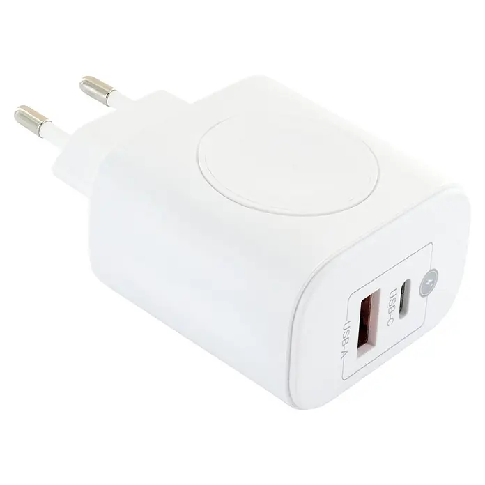 Schwaiger USB-Ladeadapter USB-A, USB-C - Weiß - Weißes Wandladegerät mit USB-A- und USB-C-Anschlüssen und zweipoligem Stecker zum Laden elektronischer Geräte.
