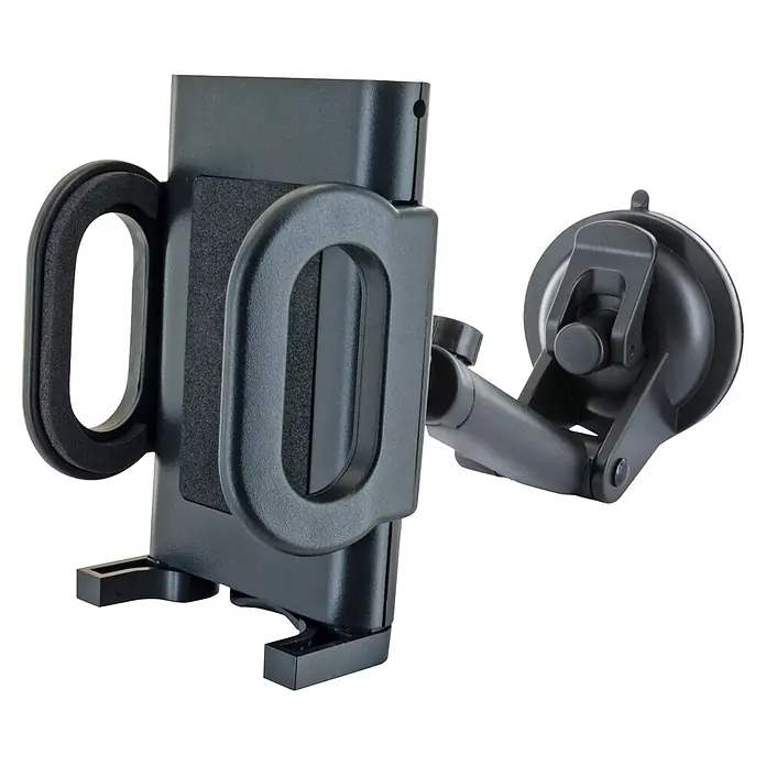 Schwaiger Handyhalter für die Windschutzscheibe - Schwarz - Schwarzer Auto-Handyhalter aus Kunststoff mit verstellbaren Armen und Saugnapfhalterung.