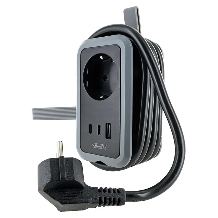 Schwaiger USB-Ladeadapter Schuko, USB-A, 2 x USB-C - Schwarz - Graues und schwarzes aufgerolltes Verlängerungskabel mit Schuko-Steckdose, USB-A- und USB-C-Anschlüssen sowie integriertem Kabelmanagement und Netzstecker.