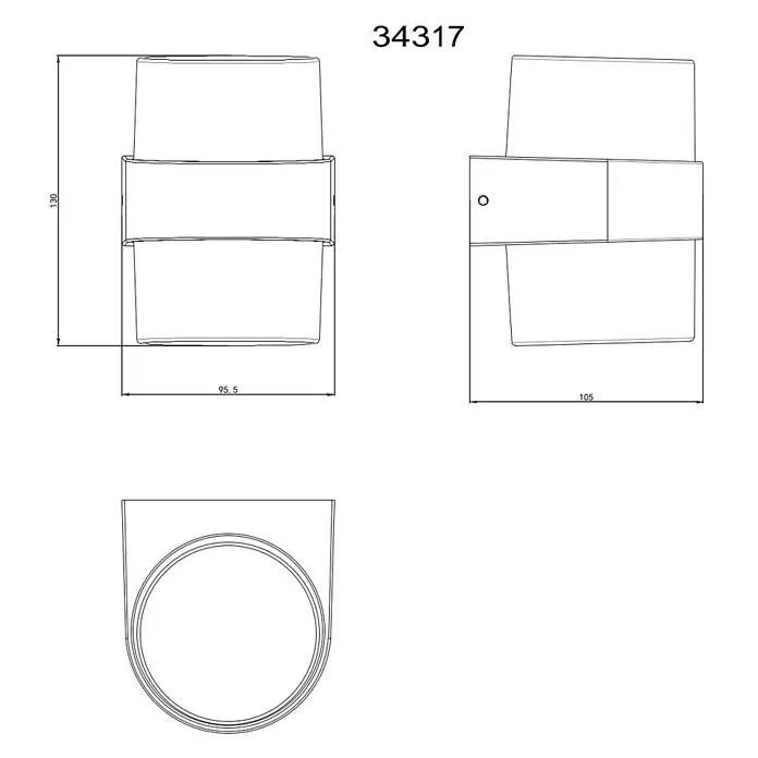 Globo LED-Außenwandleuchte Ignacio - 10 W, 96 x 130 mm, IP44, Anthrazit, Transparent - Technische Zeichnung des Produkts 34317 mit Vorder-, Seiten- und Draufsicht sowie Maßen.