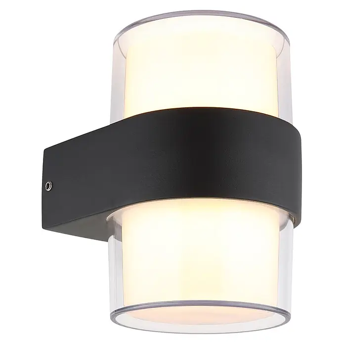 Globo LED-Außenwandleuchte Ignacio - 10 W, 96 x 130 mm, IP44, Anthrazit, Transparent - Schwarze Wandleuchte mit zwei leuchtenden zylindrischen Lichtern, die nach oben und unten strahlen.
