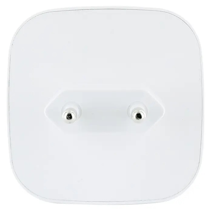 Schwaiger USB-Ladeadapter 230V USB-A, USB-C mit integrierter Qi-Wireless-Ladeoberfläche - Weiß - Weißer zweipoliger Steckeradapter.