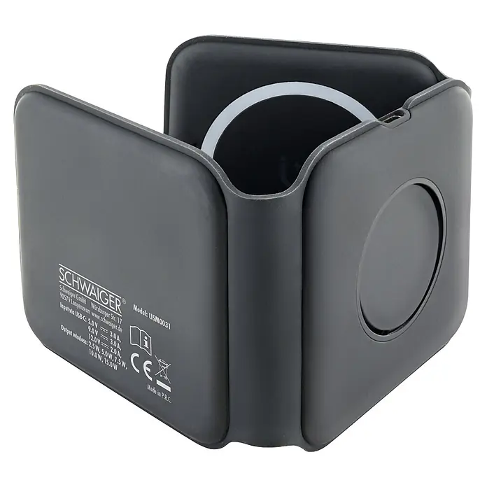 Schwaiger Ladestation 3-in-1 Ladestation - Schwarz - Dunkelgraues, faltbares SCHWAIGER LISM0031 Wireless-Ladegerät mit Produktdetails.