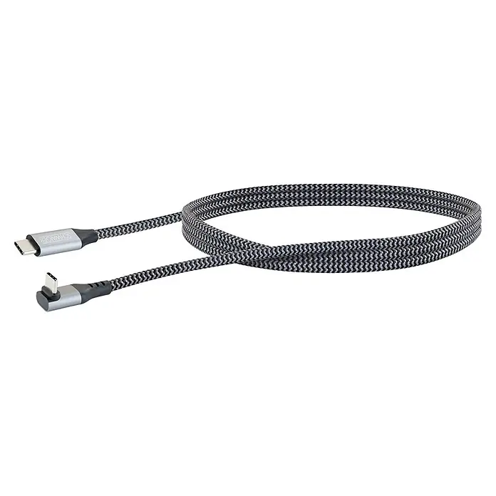 Schwaiger USB-Ladekabel 60W USB-C mit horizontalem Winkelstecker - Schwarz, Weiß, Länge: 1,2 m - Schwarz-grau geflochtenes USB-C Kabel mit einem geraden und einem abgewinkelten Stecker.