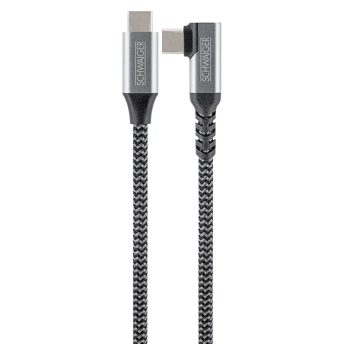 Schwaiger USB-Ladekabel 60W USB-C mit vertikalem Winkelstecker - Schwarz, Weiß, Länge: 1,2 m - Geflochtenes schwarz-graues USB-C Kabel mit geradem und 90-Grad-Winkel-Metallstecker, beide SCHWAIGER-gebrandet.