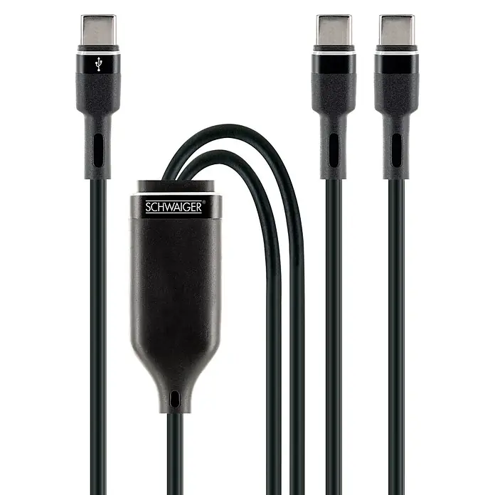Schwaiger USB-Ladekabel USB-C - Schwarz, Länge: 1,5 m - Schwarzes USB-C-Kabel mit SCHWAIGER-Hub, das sich in zwei teilt, plus zwei separate USB-C-Kabel.
