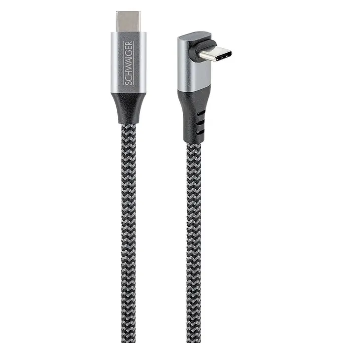 Schwaiger USB-Ladekabel 60W USB-C auf USB-C mit horizontalem Winkelstecker - Schwarz, Weiß, Länge: 2 m - Geflochtenes schwarz-graues USB-C-Kabel mit geradem und rechtwinkligem silbernem Stecker.
