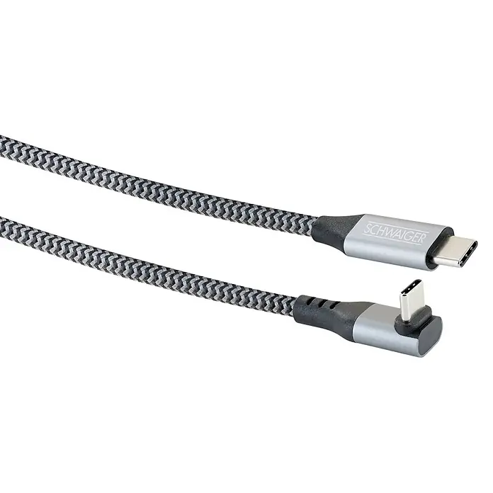 Schwaiger USB-Ladekabel 60W USB-C mit horizontalem Winkelstecker - Schwarz, Weiß, Länge: 1,2 m - Graues und schwarzes geflochtenes USB-C-Kabel mit einem geraden und einem abgewinkelten Stecker.