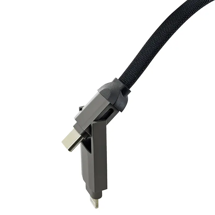 Schwaiger USB-Ladekabel 4-in-1 Multi-Ladekabel - Schwarz, Länge: 12 cm - Schwarzes geflochtenes Kabel mit grauem Multi-Adapter für USB-C, USB-A und Lightning-Anschlüsse.