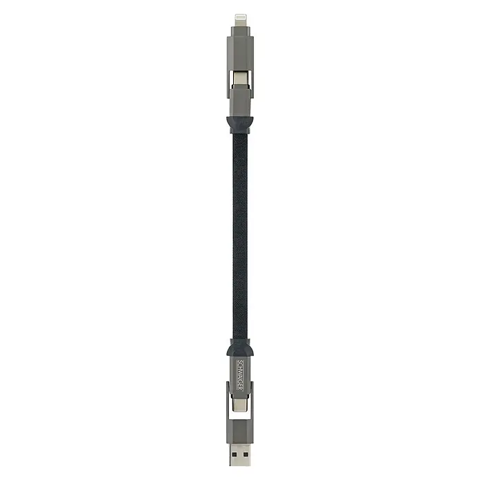 Schwaiger USB-Ladekabel 4-in-1 Multi-Ladekabel - Schwarz, Länge: 12 cm - Dunkles geflochtenes Multi-Ladekabel mit grauen Lightning-, USB-C/Micro-USB- und USB-A-Steckern.