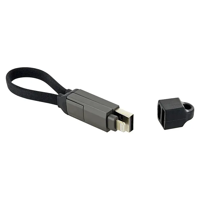 Schwaiger USB-Ladekabel 4-in-1 Multi-Ladekabel - Schwarz, Länge: 12 cm - Dunkelgrauer Multi-Anschluss-Schlüsselanhänger mit schwarzer Stoffschlaufe, USB-A und Lightning-Anschlüssen, und einer separaten schwarzen Kappe.