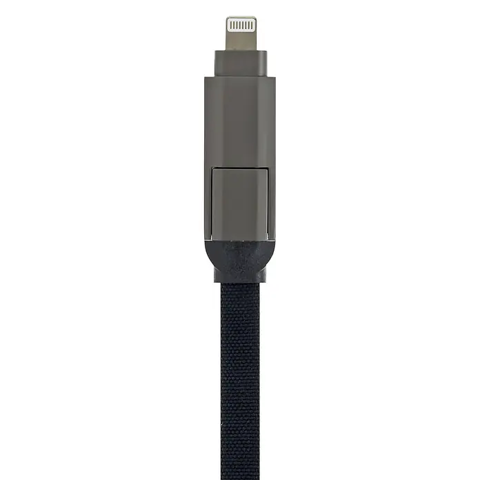 Schwaiger USB-Ladekabel 4-in-1 Multi-Ladekabel - Schwarz, Länge: 12 cm - Grauer Lightning-Anschluss mit schwarzem geflochtenem Kabel.