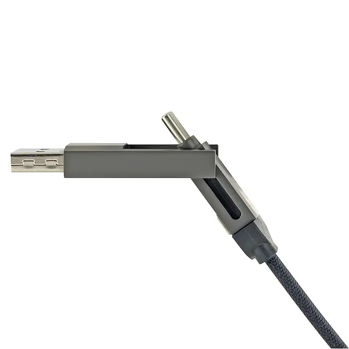Schwaiger USB-Ladekabel 4-in-1 Multi-Ladekabel - Schwarz, Länge: 12 cm - Dunkelgraues geflochtenes USB-Kabel mit abgewinkeltem Stecker.
